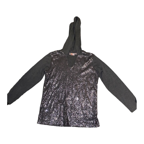 Quacker Factory Sequin Embellished Front Pullover Hoodie V Neck Long Sleeve Sz S - Picture 5 of 7